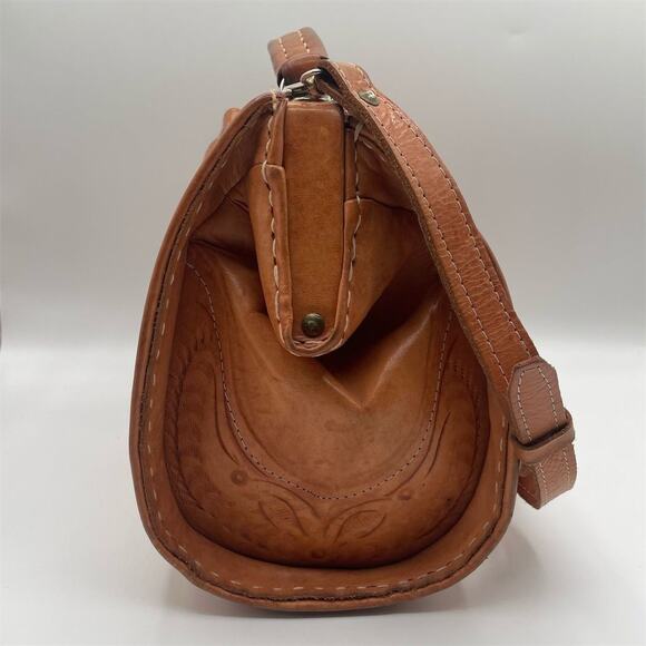 Vintage Tooled Leather Top Handle Handbag Tan Women's Purse Made In Vegas - Picture 10 of 15